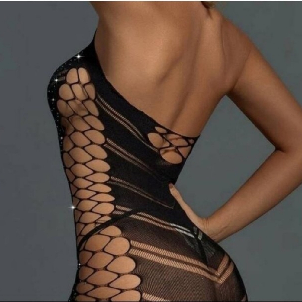 Black Rhinestone Studded Bodycon Dress • Sparkling Bodycon Bodysuit Lingerie - Picture 6 of 8
